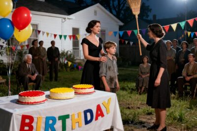 Meu ex-marido apareceu na festa de aniversário do nosso filho com a nova esposa. Ela entregou uma vassoura para ele e ordenou: “Vai limpar. É para isso que você está aqui.” O rosto dele ficou vermelho de vergonha, e eu permaneci em completo silêncio… até ele abrir o último presente. No instante em que ela viu o que havia dentro, seu rosto empalideceu como um fantasma.