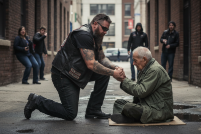Everyone in Chicago walked past the freezing 82-year-old veteran, until a terrifying biker gang blocked the street and I stepped off my bike.