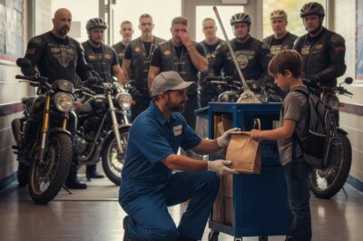 “I’ve spent twenty years trying to be invisible. Every morning at 5:00 AM, I grab my mop and start on the south hallway of Lincoln Ridge Middle School. Most people don’t even look me in the eye—I’m just the guy who cleans up the spilled milk and the muddy footprints. But yesterday, a man walked through those front doors who changed everything. He was wearing leather, covered in ink, and looking for blood. When our eyes met, my heart stopped. He didn’t see a janitor. He saw a ghost from a life I thought I had buried in a shallow grave two decades ago.”