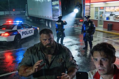 I’ve worked the graveyard shift off I-40 for six years, and you see some rough characters out here. But “The Giant” was different. He was six-foot-five, covered in faded prison ink, and always dragging terrified, scarred dogs into his rig on thick chains. We all whispered that he was running a dog fighting ring. Last Tuesday during a storm, he came in with fresh blood dripping down his arm, demanding raw steaks. I couldn’t take it anymore. Shaking, I dialed 911 and told them I had a monster on site. I thought I was doing the right thing. I had no idea how wrong I was.