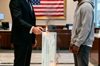 The Injustice: Detail the bank manager’s arrogant and discriminatory actions, burning the check and humiliating the protagonist to build indignation.