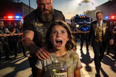 I still remember the way the grease was caked into the lines of his palms—hands that looked like they had broken more bones than they had mended. He was a giant in faded leather, a man the world taught me to cross the street to avoid, standing by a crooked gas pump with his head hung low. People were staring, whispering, pulling their kids closer as they walked by, but all I saw was the way his fingers trembled as he counted a meager pile of pennies that would never be enough. I didn’t think about the “Hell’s Angel” patch on his back or the scars on his knuckles; I just thought about the jam jar on my nightstand and the dreams I’d been saving for since I was six.