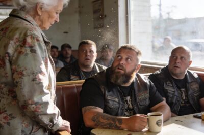 Five words from an old woman’s mouth stopped six dangerous men cold in a roadside diner. We owned that corner booth. Black leather, scarred knuckles, prison tattoos—the kind of faces that made people cross the street to avoid us. Then she walked in. Seventy-eight years old, clutching a worn purse, looking fragile as glass. She didn’t hesitate. She walked straight up to our table, past the terrified stares of everyone else in the place. She looked right at the fresh ink on my forearm—the Reaper and flames of our club patch—like she knew exactly what it meant. Then she looked me in the eye and asked a question that hit me harder than any fist ever had. The silence that followed was heavier than anything I’d ever felt.