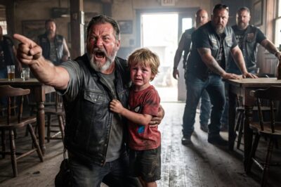 “Please help… He’s coming!” The tavern door didn’t just open; it exploded against the wall, and for a second, the heavy hum of fifteen Harley engines idling outside was the only sound. Then came the screaming—a high-pitched, jagged sound that didn’t belong in a place like this.