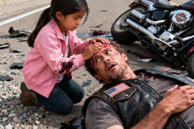 The eight-year-old girl saw a man bleeding, not the terrifying patches on his vest; a moment on a lonely highway that redefined what family and courage truly mean.