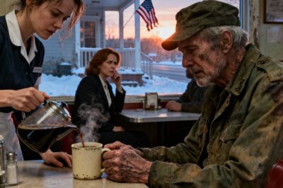They called him “The Ghost.” For three years, the town of Meridian Crossing mocked the trembling old man in the corner booth. They told Mave, the waitress, that she was wasting her tips paying for his black coffee. They said he was just a broken drifter with nothing to offer. Mave ignored them. She saw the shaking hands and the haunted eyes, and she chose kindness instead of judgment. She protected his corner. She kept his secret. But she didn’t know the truth. She didn’t know that the “homeless” man was actually a high-ranking Commander hiding the government’s darkest secrets inside the paper napkins he folded every morning. She didn’t know he was guarding her. Until the day he disappeared, and a convoy of black SUVs surrounded her diner to deliver a message that would bring the entire town to its knees.