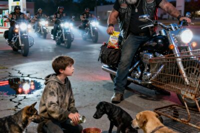 He was just 11, freezing behind a gas station in Ohio, feeding stray dogs while he starved… until 6 terrifying bikers surrounded him and changed his life forever!