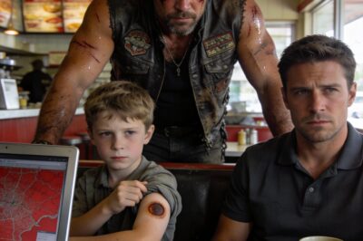 The bikers stopped eating when the boy showed them the burn mark.