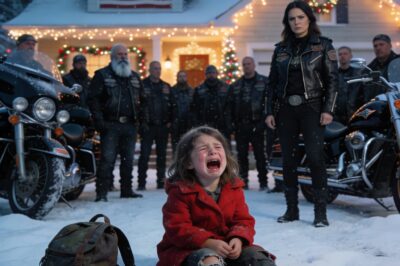 A five-year-old girl stood barefoot in the snow on Christmas Eve, watching headlights pass. Her lips were blue. Inside the warm gas station, the clerk just scrolled on his phone, ignoring the freezing child three feet away like she was invisible. Then fifteen motorcycles rumbled into the parking lot, and everything changed.