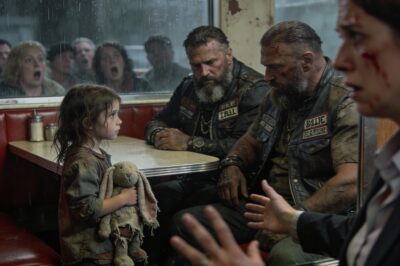 The entire diner went dead silent the moment she let go of my hand. I froze, my breath catching in my throat, watching a nine-year-old girl walk toward the one booth everyone else was avoiding. Two men sat there. Massive. Leather vests, scarred knuckles, faces that looked like they had been carved out of granite and bad decisions. I wanted to scream, to run and grab her, but my legs wouldn’t move. She didn’t look scared. She didn’t look lost. She looked like she was on a mission. And I was the only thing standing between her and whatever was about to happen.