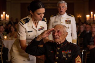 The entire ballroom went dead silent. A pin drop would have sounded like a gunshot. There I was, a lowly Lieutenant Commander, holding up a 72-year-old Marine who wasn’t supposed to be able to walk. His legs were shaking violently, his knuckles white, but he was standing. Tears streamed down his face as the National Anthem played. I held him tight, locking my frame against his, whispering instructions that only a specialized surgeon—or someone who had been there 18 years ago—should know. Then I felt eyes on me. Burning. I looked up. The Four-Star Admiral wasn’t looking at the Marine. He was staring directly at the scar on my neck, his face pale as a sheet. He knew.