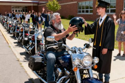 “They Laughed at the Lone Biker Crashing Graduation in Oak Creek, Wisconsin — But When He Knelt Before the Poorest Kid in School, the Principal’s Face Went Ghost-White.”