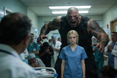 The security guard hit the wall so hard the crash cart rattled. The man was seven feet of pure rage, covered in tattoos, screaming for help in a way that sounded like violence. Everyone froze—the doctors, the veterans, the cops. Everyone except me. I’m five-foot-four. I wear scrubs that are a size too big to hide the scars on my arms. They think I’m the quiet rookie who takes vitals and cries in the breakroom. They were about to find out why I’m the only one in this ER who isn’t shaking.