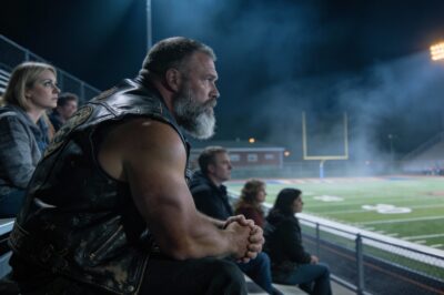 I watched him for three months before I finally got the courage to speak up. He didn’t belong here. We were families, parents, grandparents—and he was leather, grease, and silence. He never cheered. He never clapped. He just stared at our children with eyes that looked like they had seen the end of the world. When the security guard finally walked over to him during the second quarter, I held my breath, gripping my husband’s arm. I thought, Finally, he’s gone. I was so wrong. What he said to that guard changed everything.