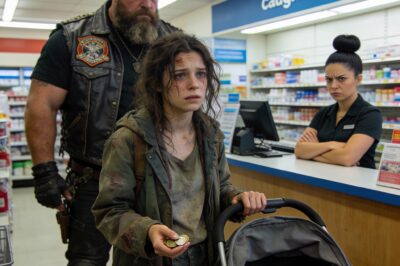 The cashier rolled her eyes and said it loud enough for the whole line to hear: “You’re five dollars short. Pay up or step aside.” I stood there, shaking, holding a screaming baby burning up with a fever, humiliated beyond words. I reached to put the formula back. That’s when the doors slammed open. Five men in leather vests walked in. The room went dead silent. The biggest one walked straight toward me. I thought my life was over. I didn’t know it was actually just beginning.