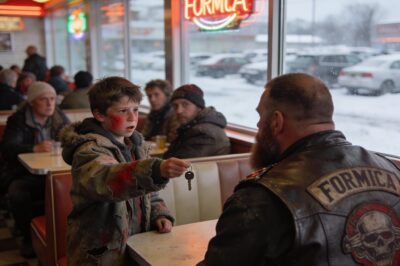 The entire diner went dead silent. Two hundred of us, hardened bikers with leather vests and full sleeves of tattoos, just froze. Forks stopped mid-air. Coffee cups paused halfway to lips. All because the door opened and a ten-year-old boy walked out of a Montana snowstorm. He was wearing a coat two sizes too big and his boots were cracked open, exposing thin socks to the ice. He didn’t look scared of us. He looked desperate. And in his tiny, frozen hand, he was gripping something so tight his knuckles were white. It was the only thing he had left to trade for his mother’s life.