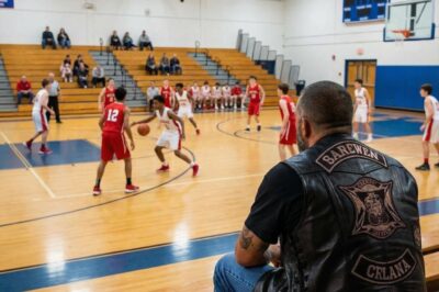 For Three Years, A Terrifying Biker Sat in the Front Row of Every Middle School Game in Complete Silence—Parents Wanted Him Banned, Until One Night, A Player Got Hurt, and…